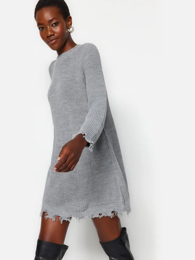 Trendyol TRENDYOLMİLLA Dames Grijs Effen Extra Kort / Super Mini Lang Casual Recht Jurken Goud/Grijs