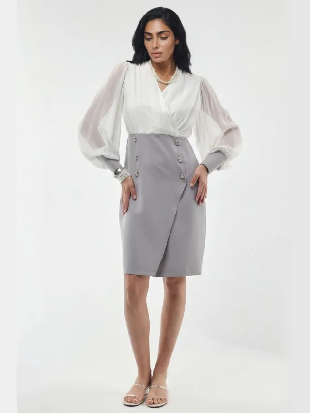 MSN Collection V-hals Midi Jurk met Knopdetail Lichtgrijs