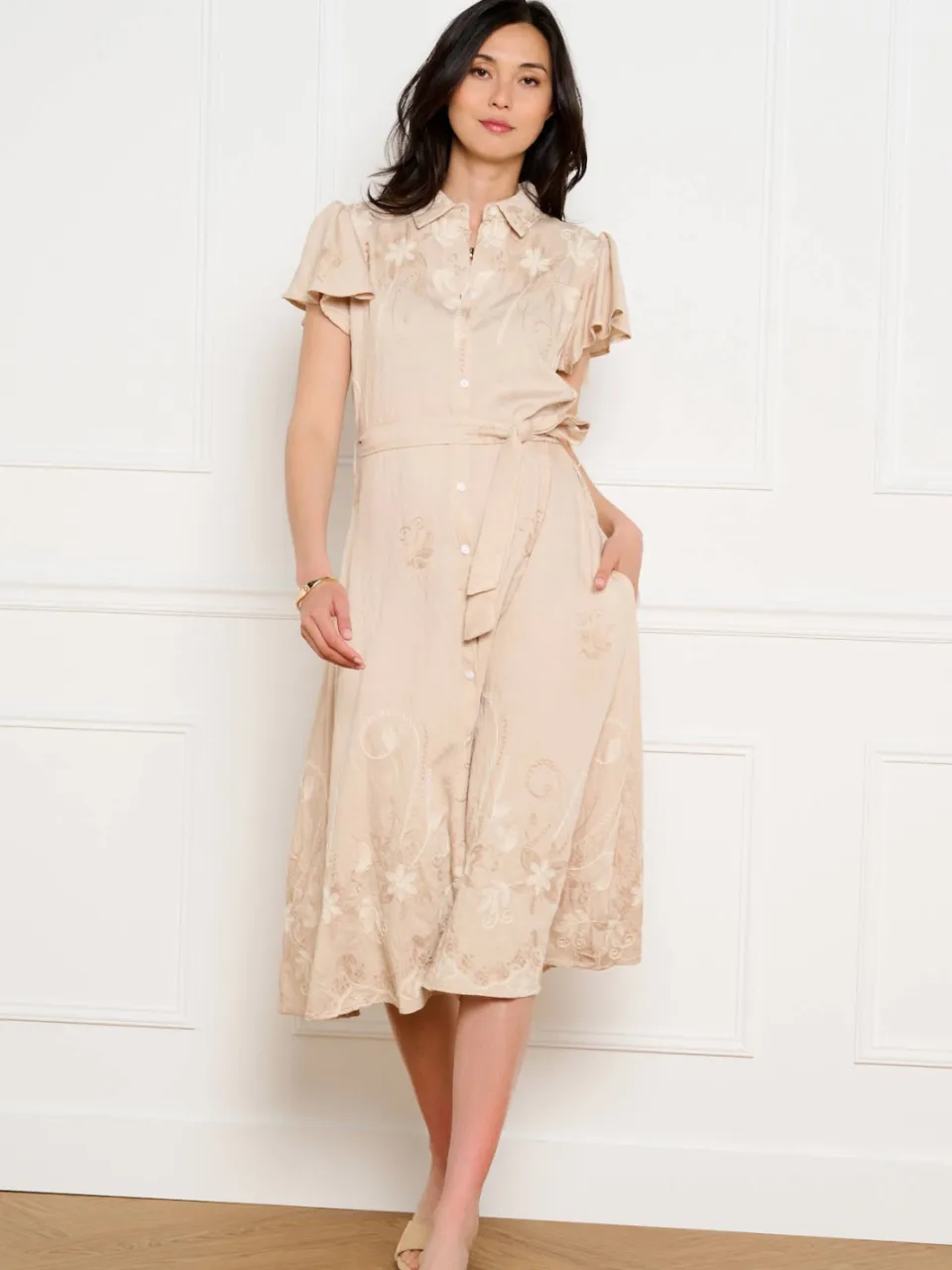 LOLALIZA gebloemde midi jurk beige