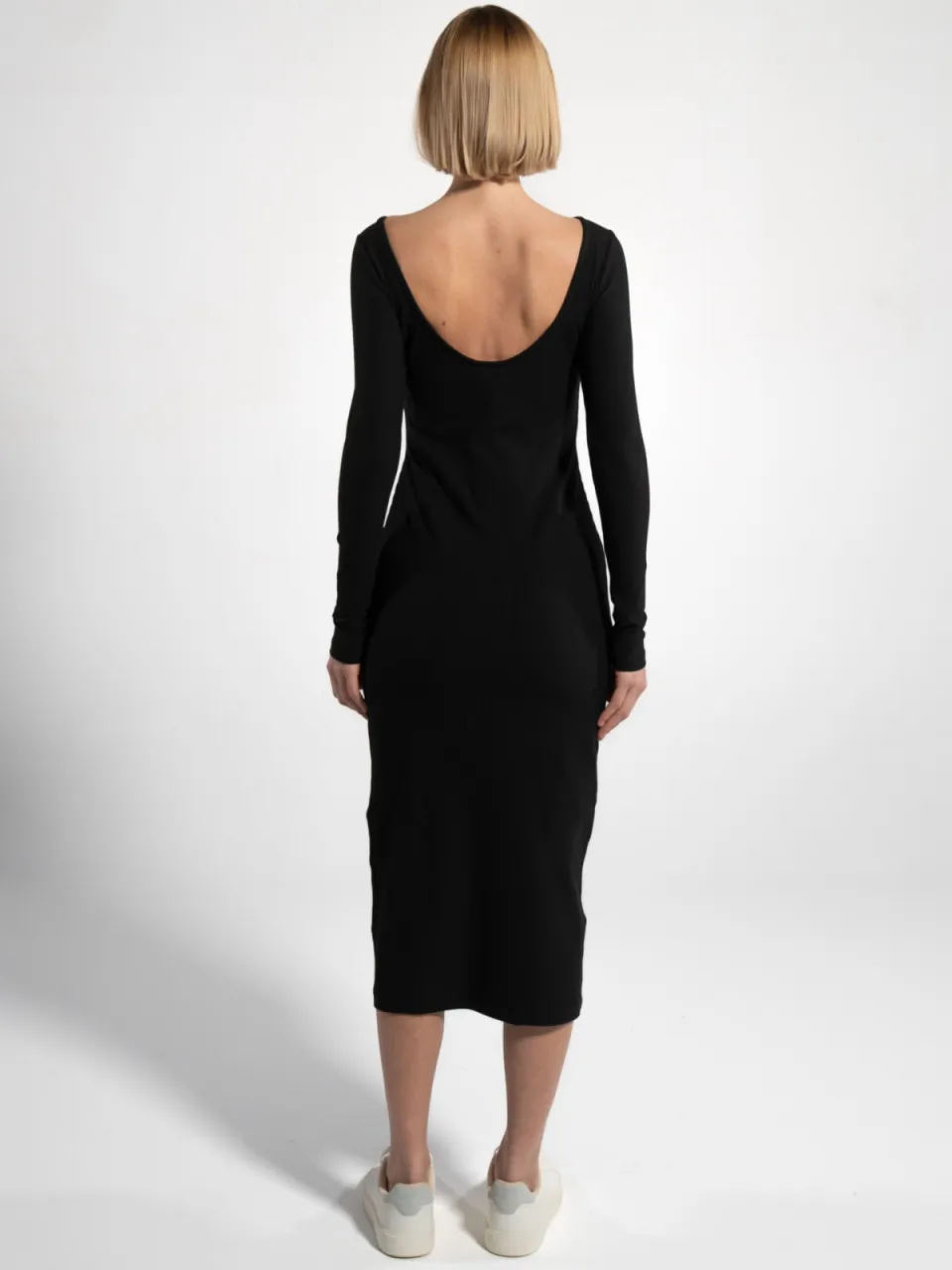 GORG dames vegan Jurk Lange Mouw Ribgebreid Zwart, foto 2