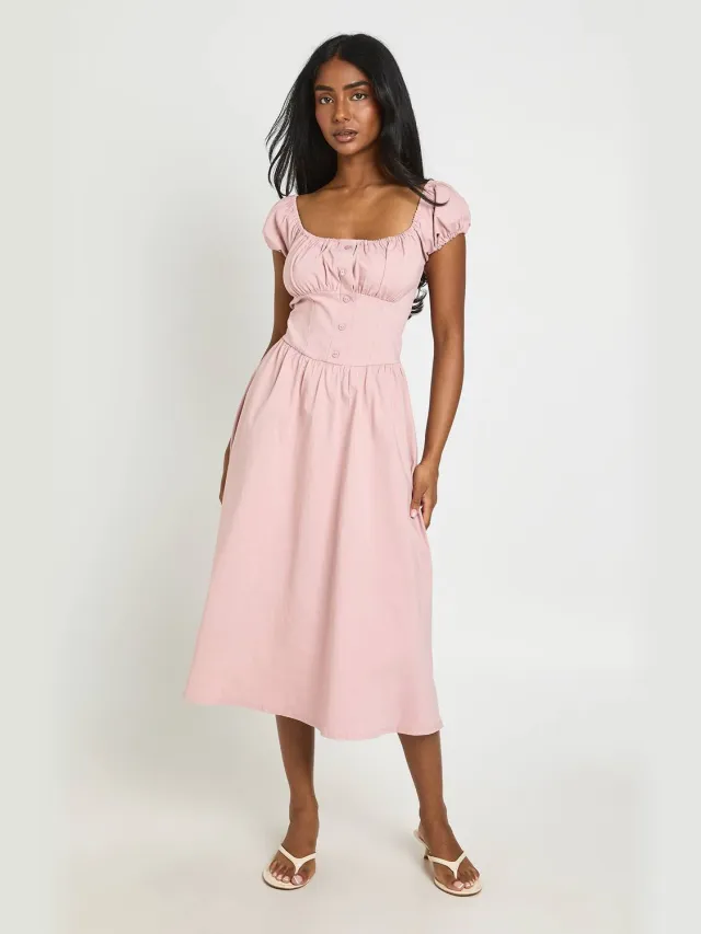 boohoo Dames Midaxi Jurk Met Volumineuze Mouwen En Melkmeisjeshals Pastelroze