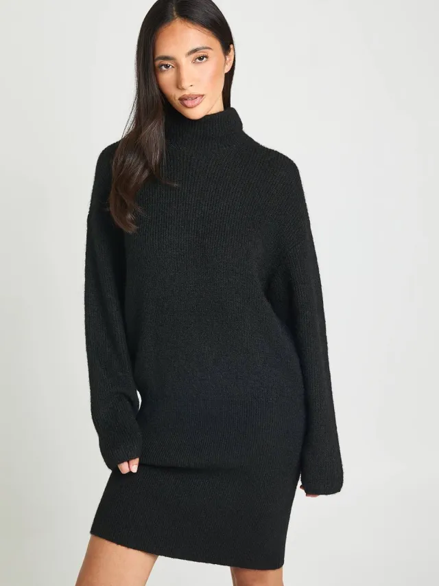 boohoo Dames Mini gebreide jurk met hoge hals en getailleerde zoom Zwart