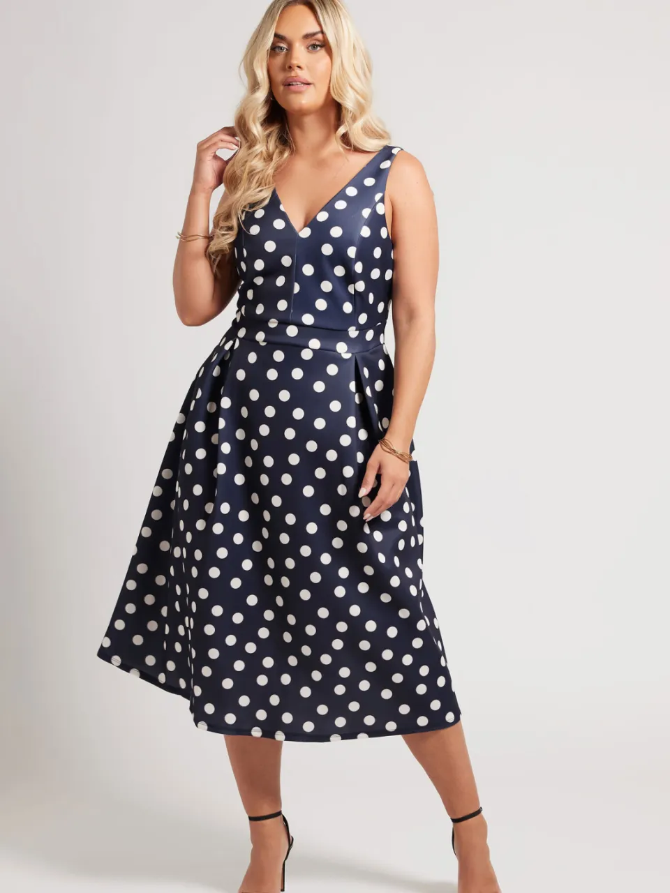 Yours London Mouwloze Midijurk Met Stippenprint En Plooidetail In Donkerblauw Blue