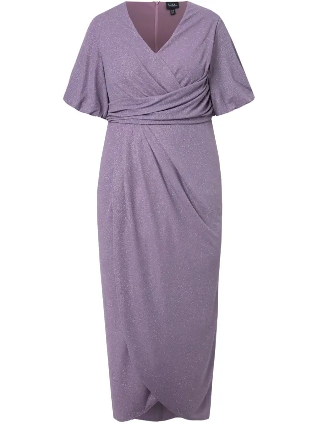 Ulla Popken Dames - Maxi-jurk wikkellook V-hals korte ballonmouwen - Heldere roos