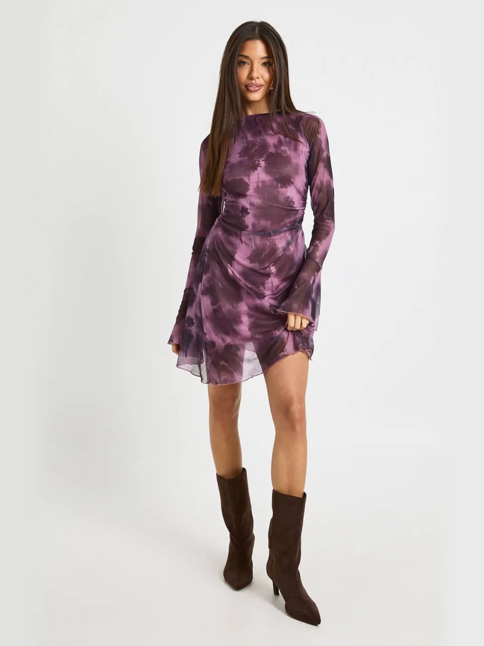 boohoo Dames Wazig Bloemen Mesh A-Lijn Mini Jurk Mauve