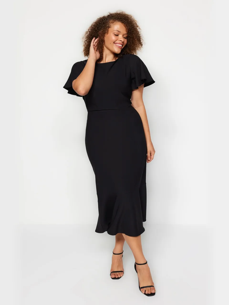 Trendyol Curve Dames Zwart Effen Midi Kort Avond / Dagelijks Bodycon Grote maten Jurk