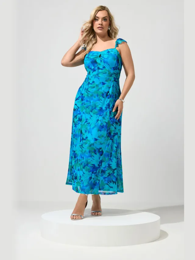 Yours London Yours Blauwe Abstracte Jurk Met Sleutelgatuitsnijding En Ruchessize 42 Blue