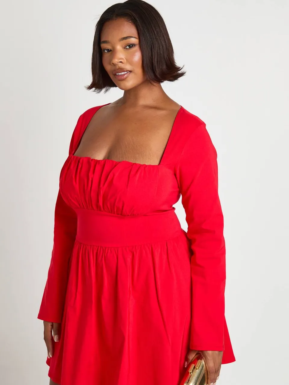 boohoo Dames Plus Bengaline Korset Lange Mouw Skaterjurk rood, foto 3