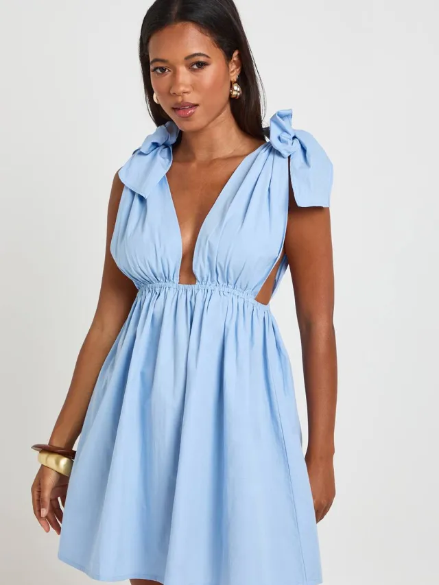 boohoo Dames Katoenen Poplin Mini Skater Jurk Met Strikschouders Babyblauw