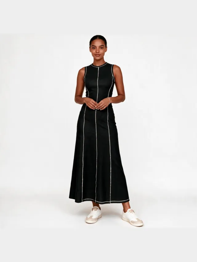 Imily Bela Dames Mouwloze Maxi Jurk met Contrasterende Naden Zwart