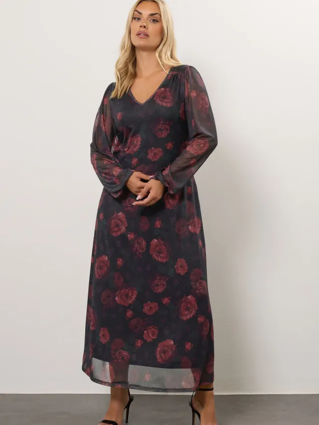 Yours Zwarte Maxijurk Met Bloemenprint Van Mesh-56 Black