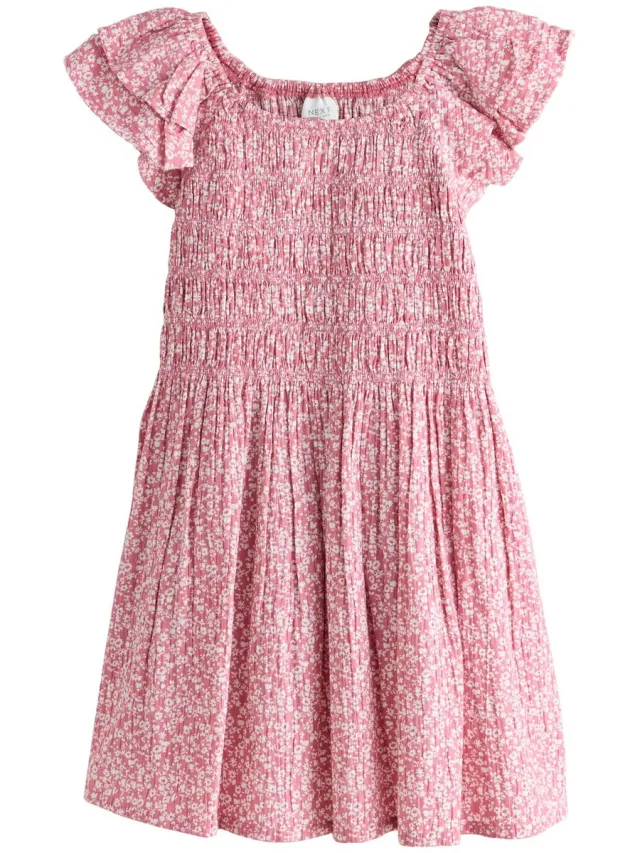 Next Meisjes - Gesmokte jurk met ruchemouwen - Roze Pink Floral