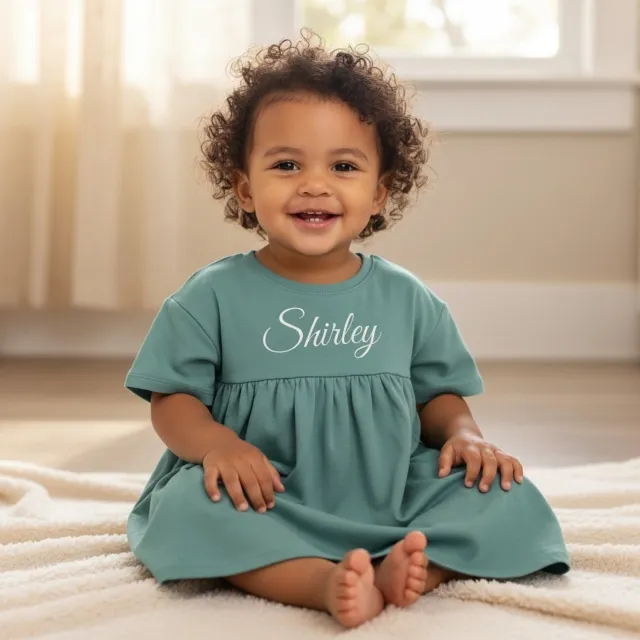 Babybugz Sage green baby jurk - bedrukt met naam - gepersonaliseerd - biologisch katoen - 12-18 maanden - baby kleding - meisje Sage groen