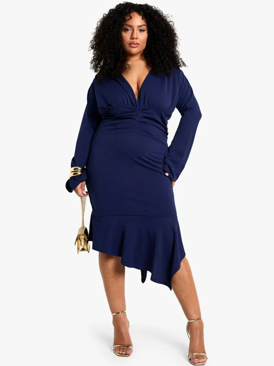 boohoo Dames plus asymmetrische plunge midi-jurk marineblauw, foto 3