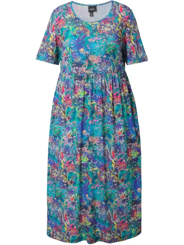 Ulla Popken Dames - Maxi-jurk A-lijn ronde hals korte mouwen zakken - Azuurblauw - Maat 62+