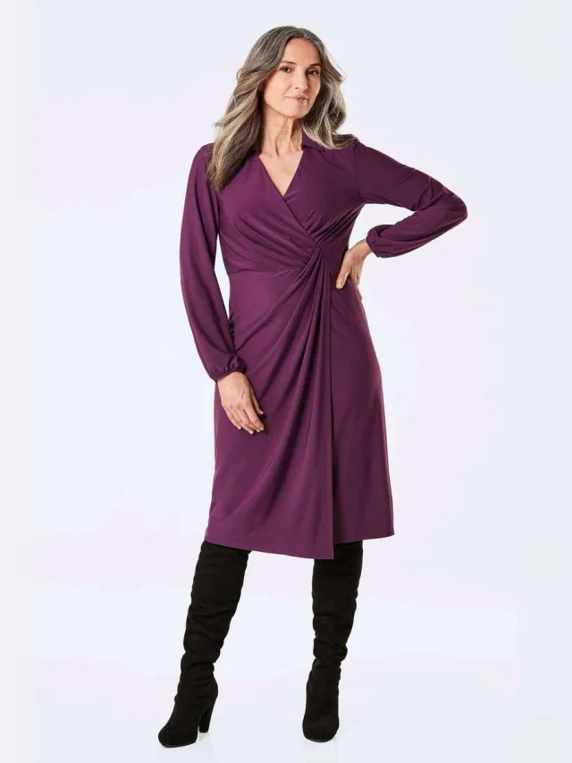 GOLDNER Wikkeltop Elegante jerseyjurk met V-hals aubergine
