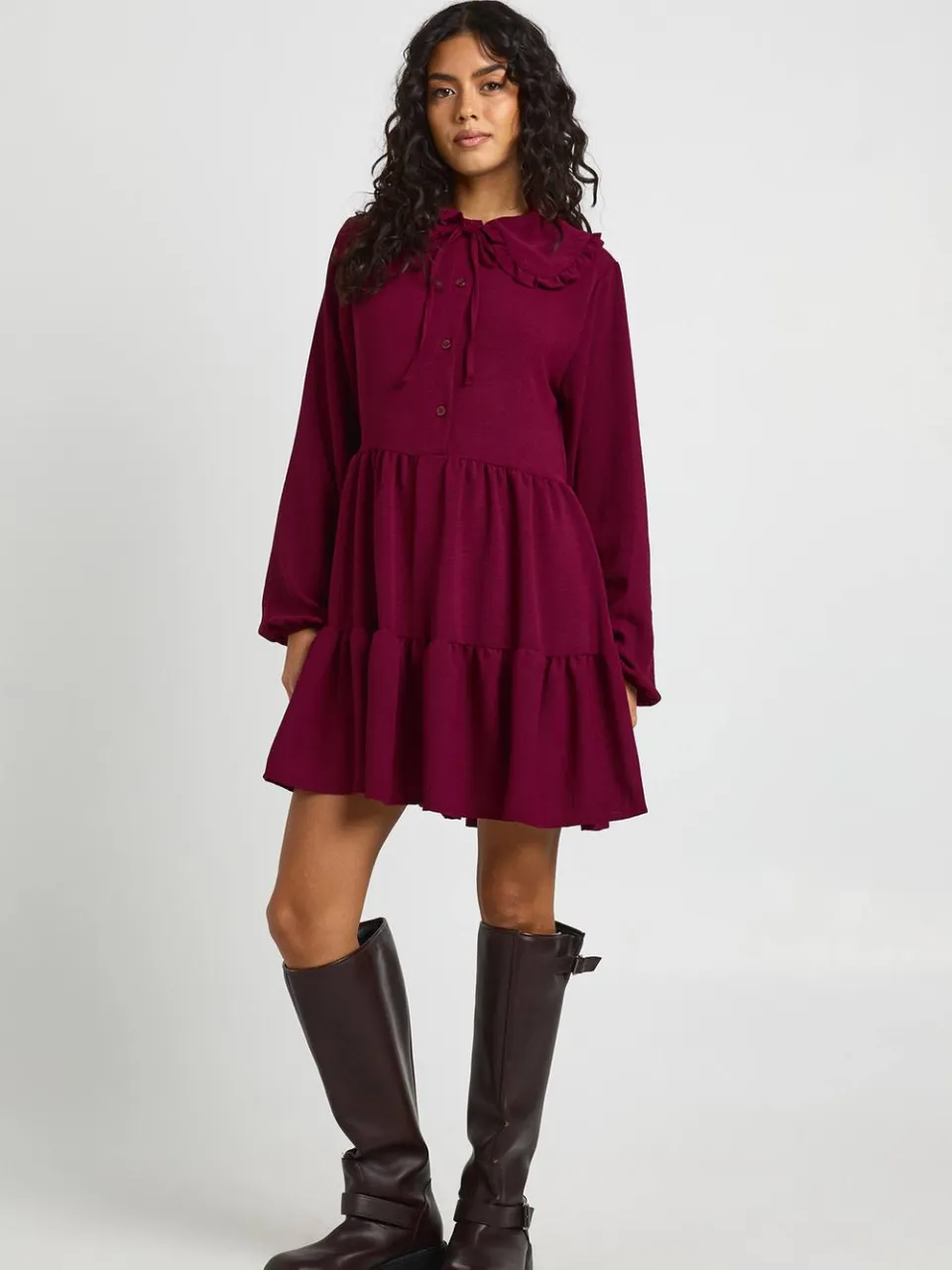 boohoo Dames Geplooide Ruches Kraag Smock Jurk pruim, foto 2