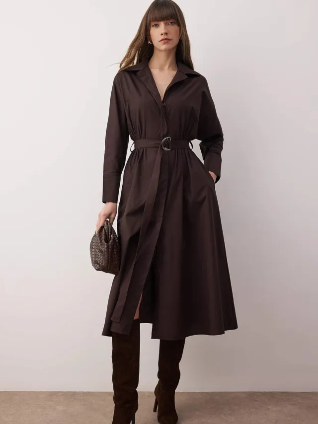 Trendyol TRENDYOLMİLLA Dames Bruin Effen Midi Lang Casual Blousejurk Jurken Donkerbruin