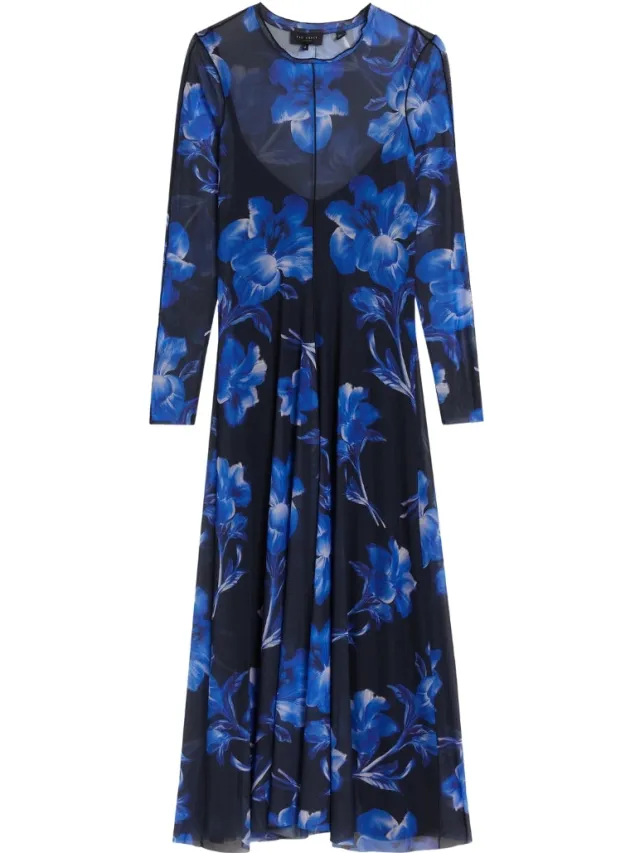 Ted Baker Rozeen Mesh Midi-jurk Met Lange Mouwen En Print In Blauw, foto 2