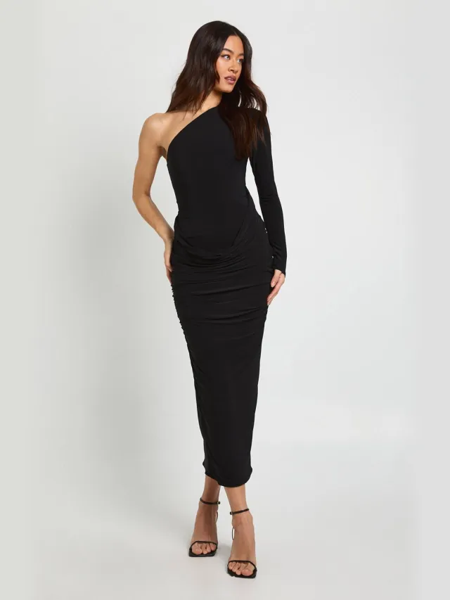 boohoo Dames Lange Asymmetrische Drape Midaxi Jurk Zwart