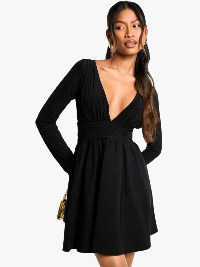boohoo Dames Bengaline en Slinky Mix Plunge Mini Jurk Zwart