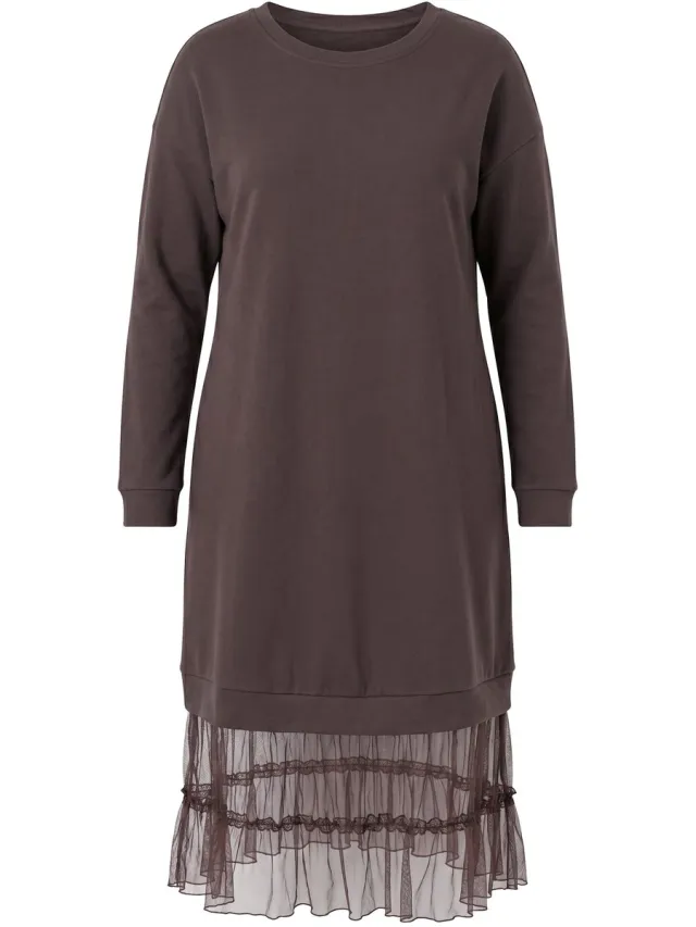 MIAMODA Dames - Midi-sweatjurk oversized met mesh-volants aan de zoom - Hazelnootbruin