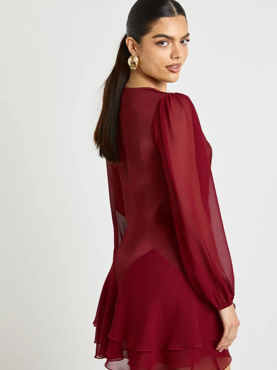 boohoo Dames Chiffon Mix Paneel Smock Jurk merlot, foto 2
