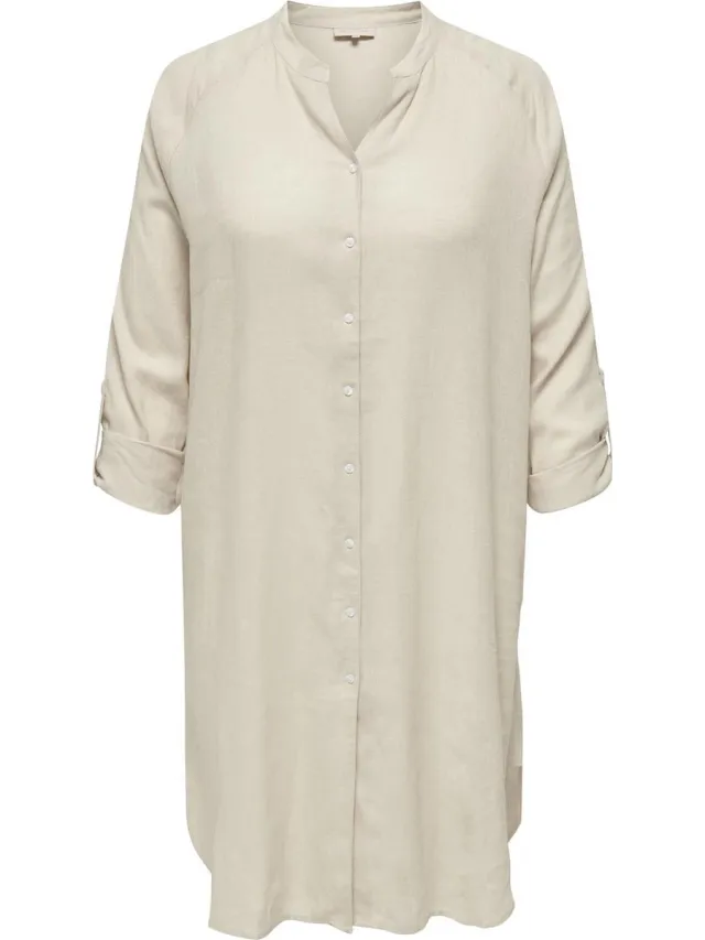 Only Carmakoma Dames Linnen Blousejurk Grote Maat Basis Lang Overhemd Jurk Mouwen met Omslag MOONBEAM