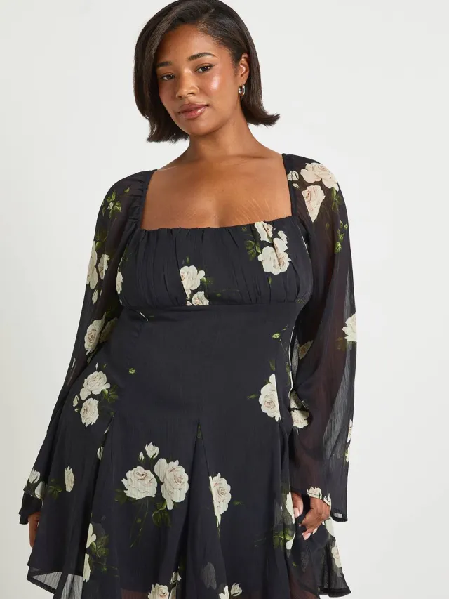 boohoo Dames Plus Bloemig Chiffon Godet Skater Zwart