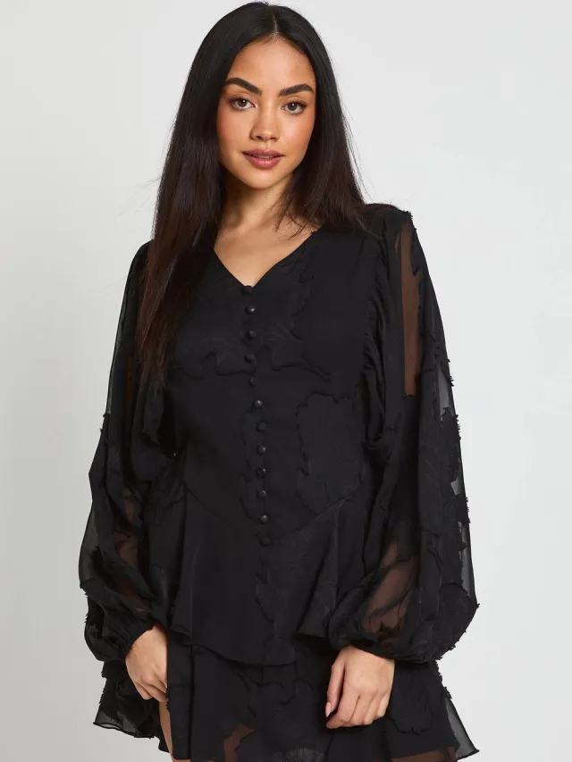 boohoo Dames Bloemen Burnout Volume Mouw Ruffle Zoom Mini Jurk Zwart