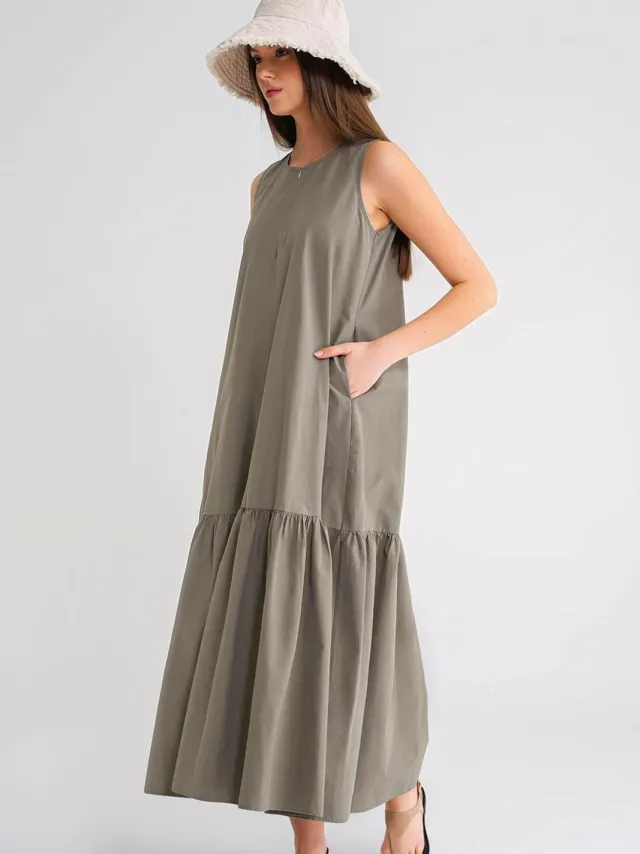 Mixray Maxi-jurk met Kraag en Rimpeldetails kaki, foto 2