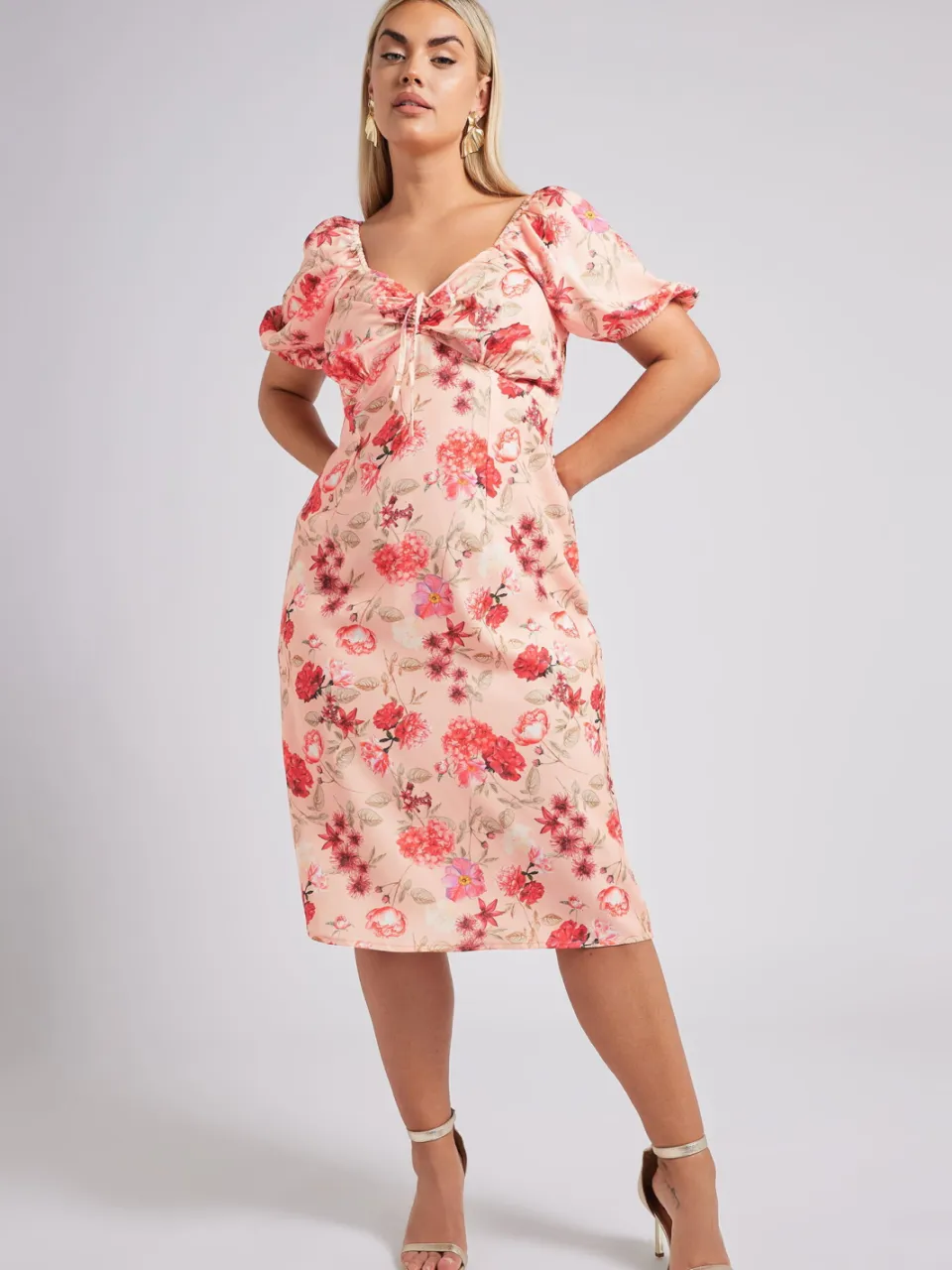 Yours London Midi Jurk Met Bloemenmotief En Korte Mouwen In Roze, foto 3