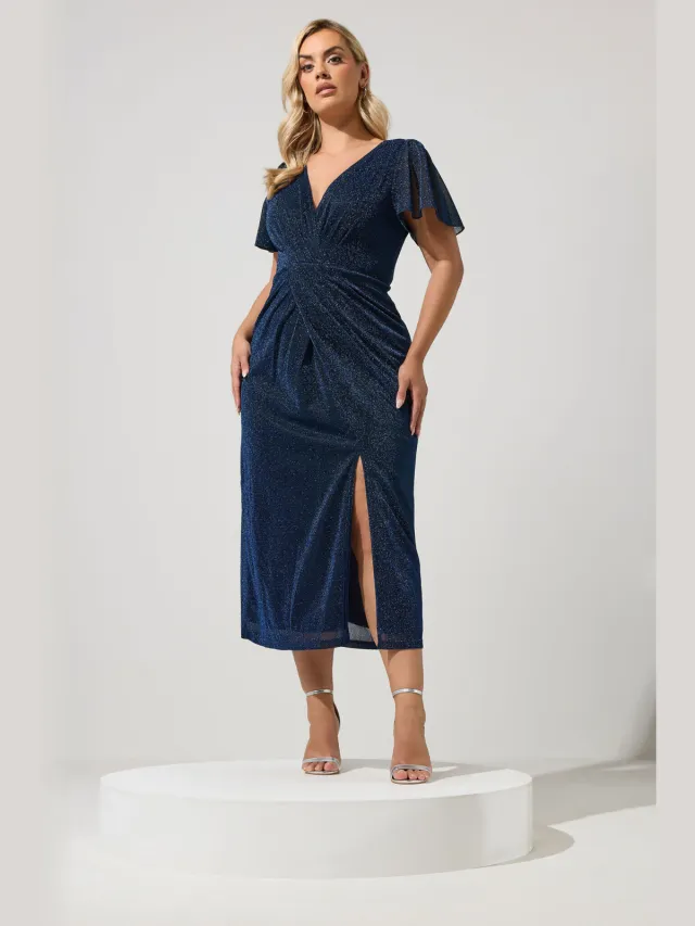 Yours London Blauwe Metallic Wikkeljurk Blue