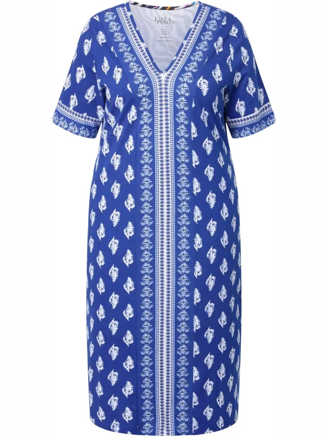 Ulla Popken Dames - Midi-jurk etnisch patroon V-hals korte mouwen - Koningsblauw - Maat 42+