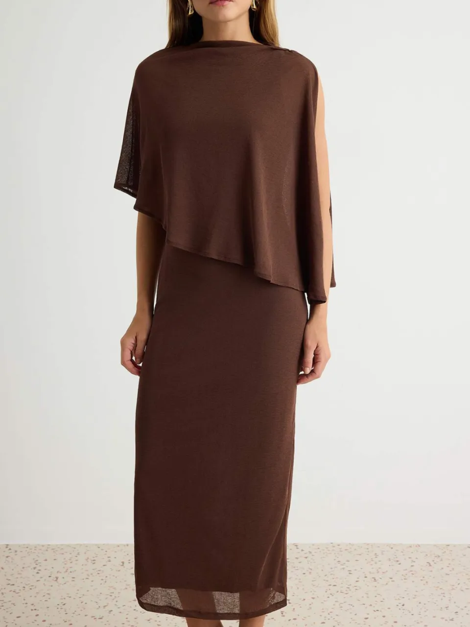Trendyol TRENDYOLMİLLA Dames Bruin Effen Maxi Driekwart mouw Bodycon Jurken