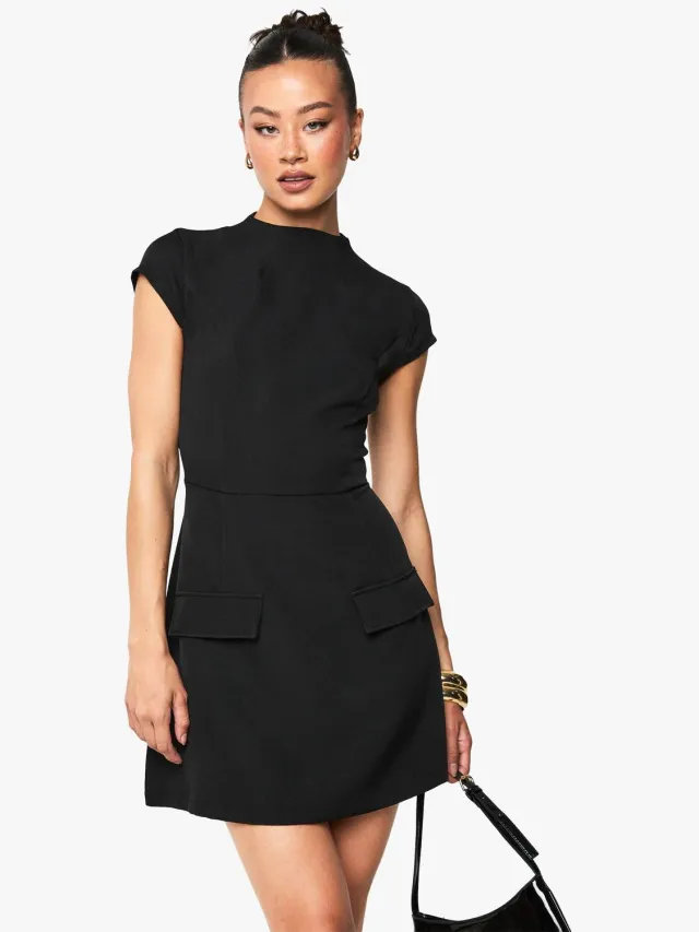 boohoo Dames Lange hoge hals gestructureerde getailleerde mini-jurk Zwart
