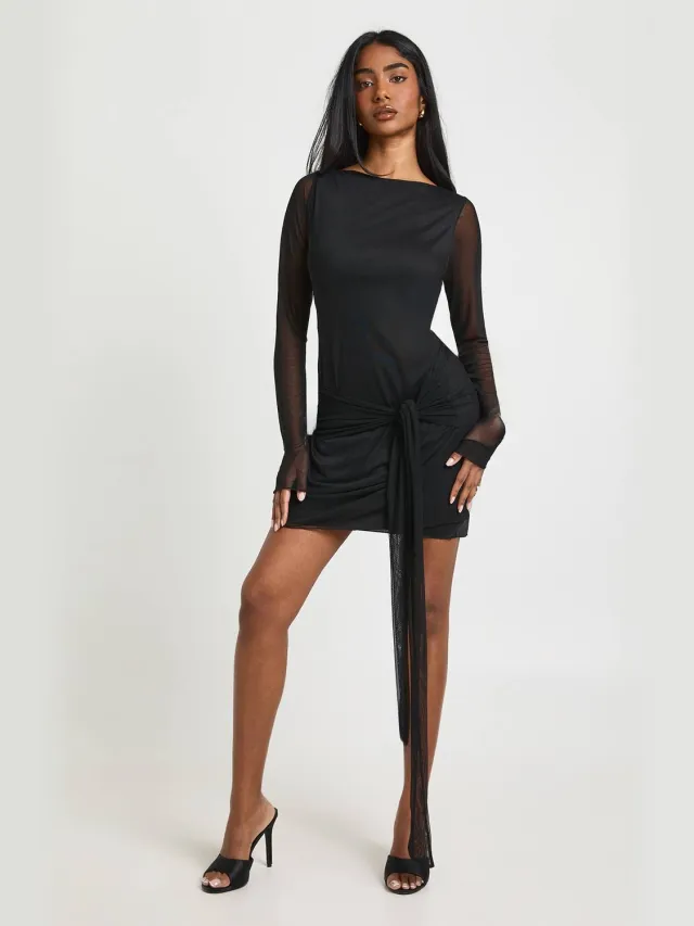 boohoo Dames Mini Jurk met Knoopdetail en Lange Mouwen Zwart
