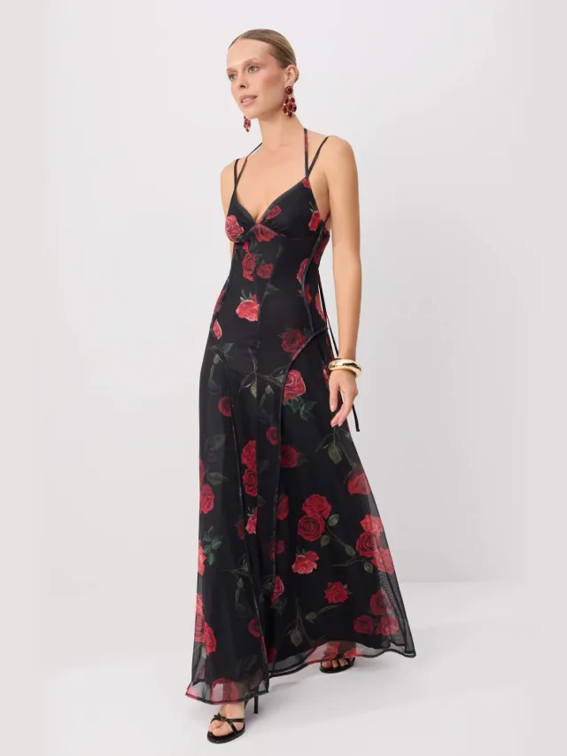 Trendyol TRENDYOLMİLLA Dames Zwart Bloemen Maxi Mouwloos A-lijn Jurken