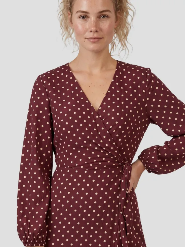Anytime crinkle overslagjurk met polkadotprint bordeauxrood/roze, foto 4