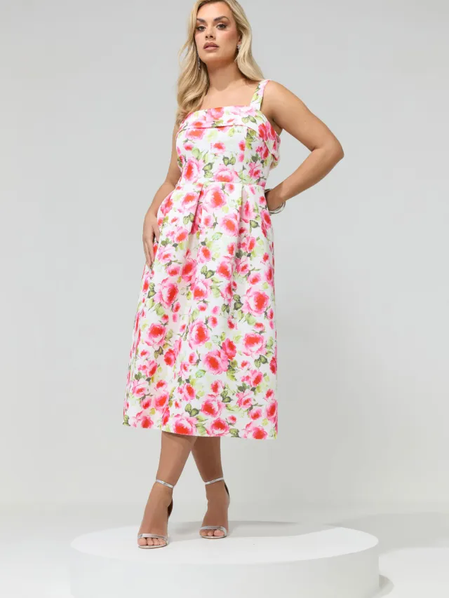 Yours London Witte Midijurk Met Bloemenprint En Vierkante Hals White