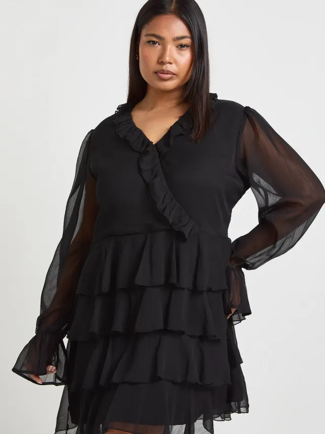 boohoo Dames Plus Ruffle Wrap Skater Jurk Zwart
