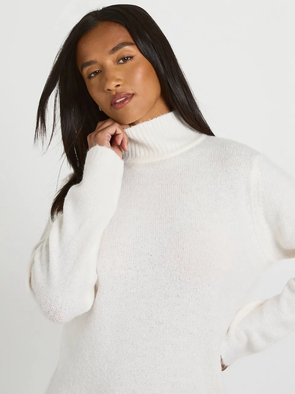 boohoo Dames Petite Mini-jurk Van Superzacht Gebreid Materiaal Met Hoge Hals crème, foto 4