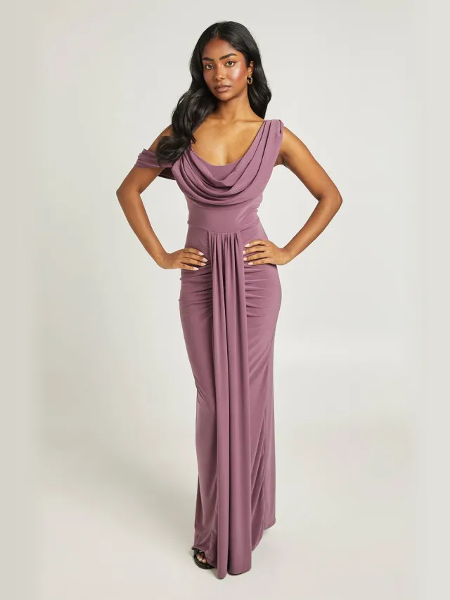 boohoo Dames Dubbele Laag Slinky Draperie Voorpand Cold Shoulder Maxi Jurk Mauve