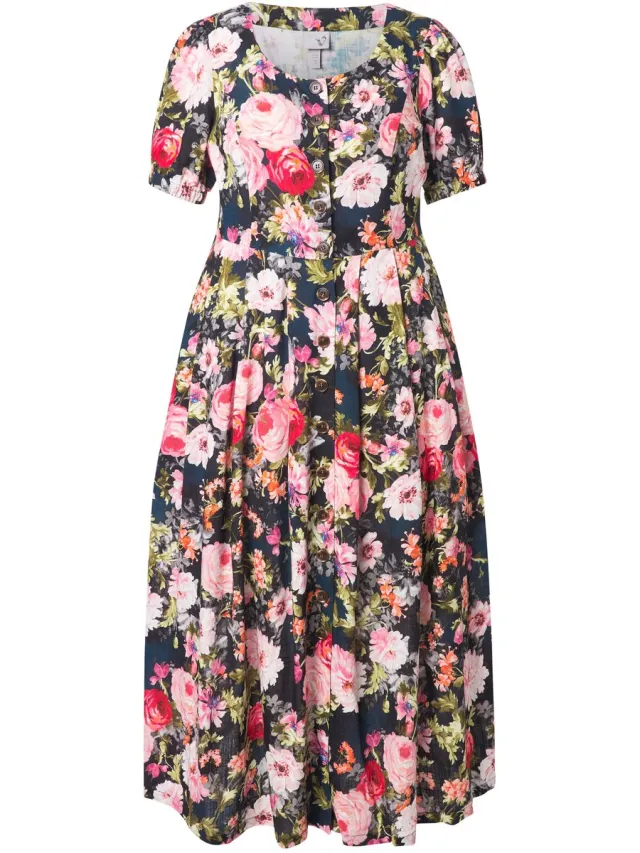 Ulla Popken Dames - Maxi-jurk linnenmix bloemen ronde hals korte mouw - Lichtmunt - Maat 46+