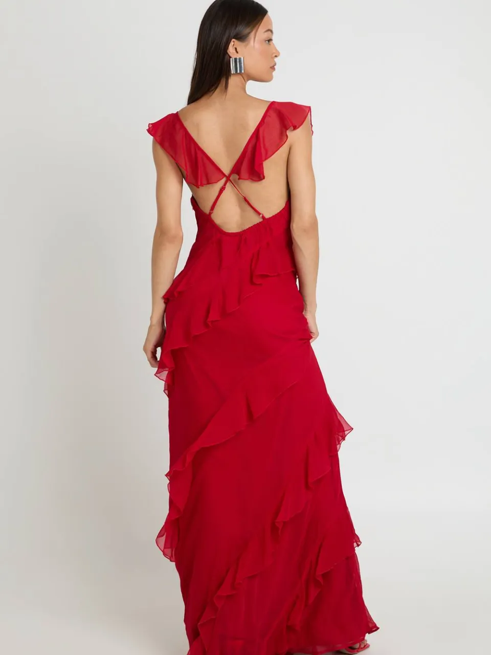 boohoo Dames Lange Chiffon Maxi Jurk Met Ruches Tot Op De Grond rood, foto 2