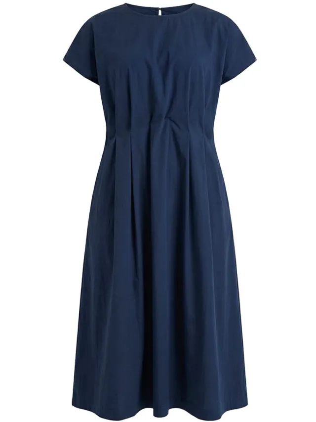 Ulla Popken Dames - Maxi-jurk decoratieve plooitjes getailleerd ronde hals - Marine - Maat 42+