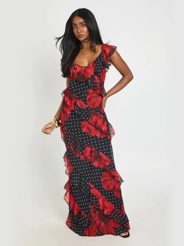 boohoo Dames Chiffon Maxi Jurk Met Ruches, Bloemen En Polkadots Zwart