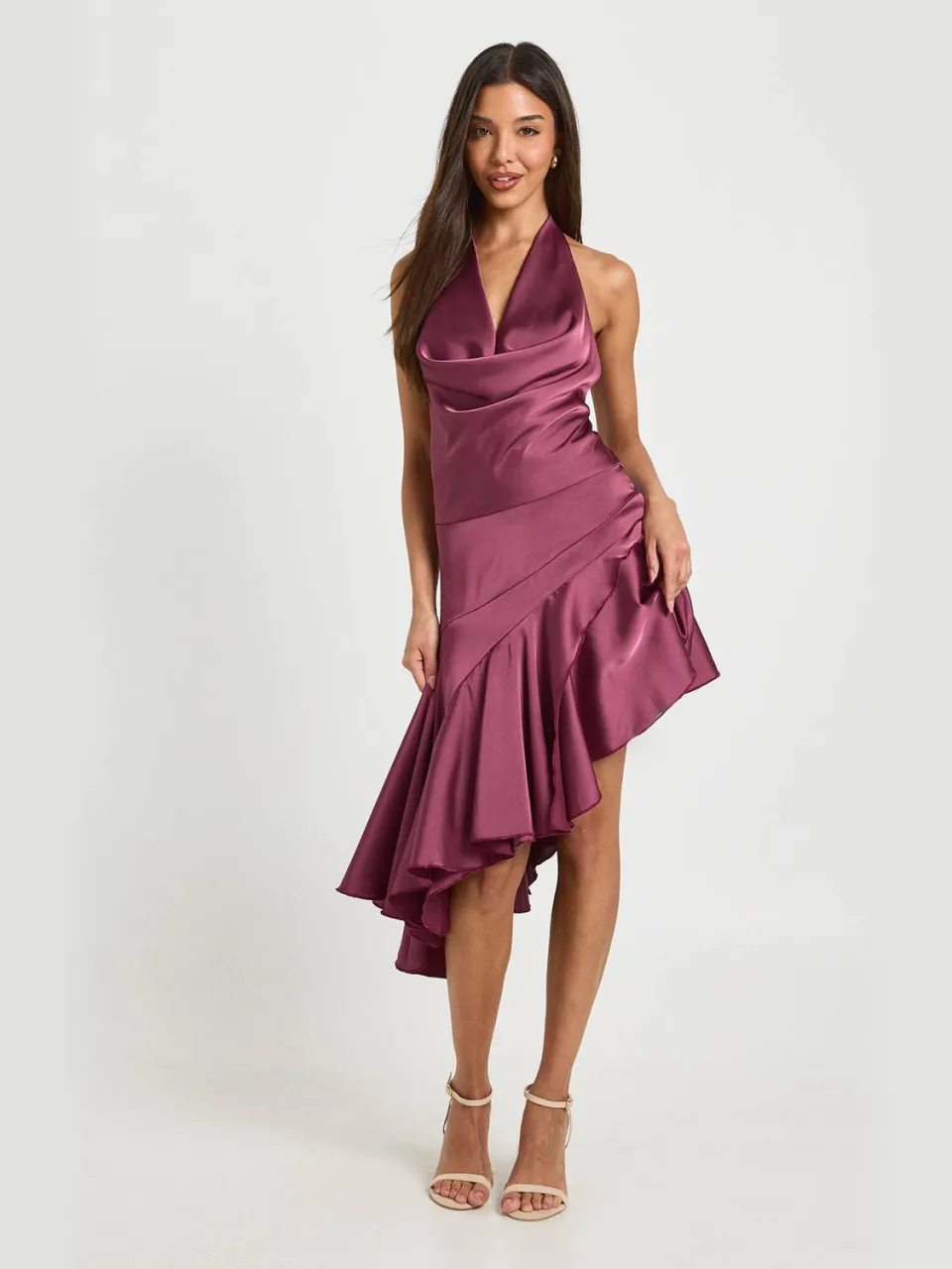 boohoo Dames Satijnen Cowl Hals Asymmetrische Zoom Mini Jurk donker mauve, foto 3