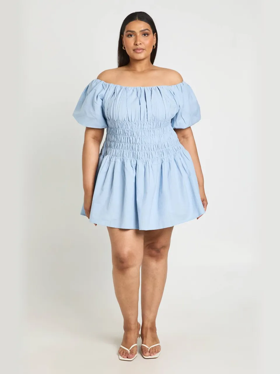 boohoo Dames Plus Linnen-look Mini Jurk Met Pofmouwen En Gerimpelde Bovenkant Pastelblauw