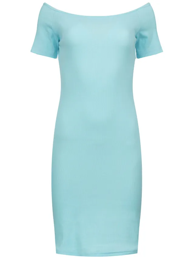Conquista Off-Shoulder Geribde Jurk - Aqua Blauw, Eén Maat